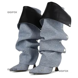 GIGIFOX Pointed Toe High Heel Boots For Women Stiletto Fashion Denim Knee High Boots Sexy Fashion Remoeable Womens Boots 240116