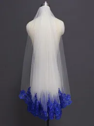 Bridal Veils Royal Blue Sequined Lace White Ivory Veil One Layer Kort Shine Wedding med Comb Velos de Novia7926091