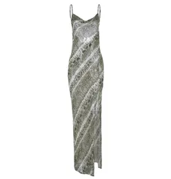 Fashion-Sexy Summer Drs 2019 Nuove donne Abito con cinturino in chiffon Pelle di serpente Stampa Slip Dress See Through Split Backless Maxi Long5981067