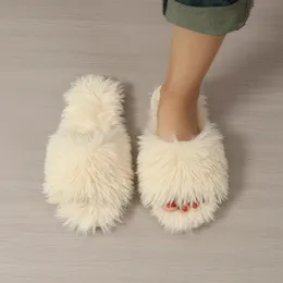Kvinnors inomhusbild 2024 Autumn/Winter New Plush Home Lazy Slide Anti Slip Dålig Fashion Warm Sandals Slide 240117