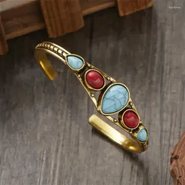 Bangle Bohemian Vintage Turquoise snidat golv med justerbar geometrisk öppningsarmband Temperament Minimalistiska kvinnor