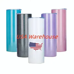 USA Warehouse Edelstahl-Becher mit Regenbogenschimmer, 590 ml, Doubler Wall, weißer Glitzer-Sublimationsbecher mit Metallstrohhalm 240117