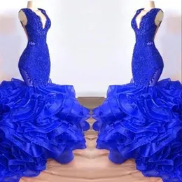 Royal Blue V Neck Lace Long Mermaid Prom Dresses 2019 Organza Layered Ruffles Sweep Train Formal Party Evening Gowns263m