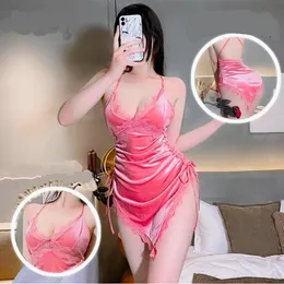 Nightgown Velvet Sexy Deep V Neck Temptation Nightdress Lingerie Sleepwear Crotchless Erotic Suits Porn Set 240117