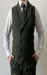 2021 Bristish Green Green Steps مزدوج الصدر البني الصوف Herringbone Tweed Groomsmen Vest Mens Suit Prom Wedding Wedder Dress7121162