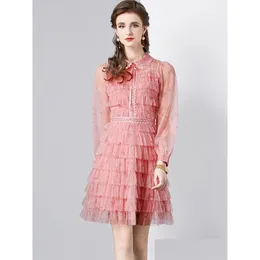 Vestidos casuais básicos vestidos casuais básicos uma linha doce rosa impressão plissado elegante para mulheres lapela manga longa vestido de cintura alta femal dhxom