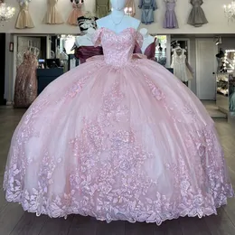 Сладкие розовые платья Quinceanera с 3D-цветками Sweet 15, платья для дня рождения, роскошные платья с открытыми плечами для девочек, платья de 15 anos 2024