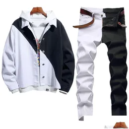 Men'S Tracksuits Stitching Color Mens Two Pieces Sets Autumn Tracksuits White/Black Denim Jacket Add Skinny Stretch Jeans 2Pcs-Set Co Dhqlm