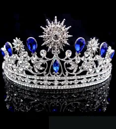 레트로 왕실 블루 웨딩 크라운 Tiara Headress for Prom Quinceanera Party 착용 크리스탈 비즈 updo 반 머리 장식품 신부 유대인 2309302