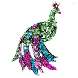 Brooches Fashion Blue Green Peacock Brooch Pins Silver Color Animal Trendy Alloy Rhinestone Woman Female Wedding Party Special Gift