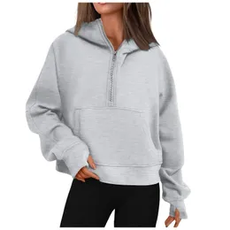 Autumn and Winter Women's Hoodies Solid Color Lose Short Half Zip Pockets Thumb Hole Long Sleeve Pullover Sweatshirts 240117