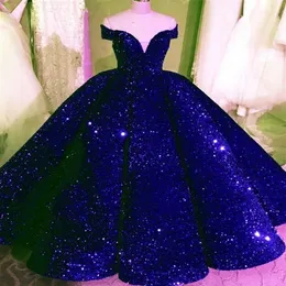 Royal Blue Sequined Ball Gown Quinceanera Dresses Sexig V Neck Glitter Sequins Prom Dress Puffy Tulle Party Vestidos de Quincea Era248n