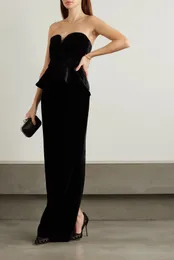 Elegant Long Black Velvet Prom Dresses With Slit Sheath Strapless Pleated Floor Length Party Dress Maxi Formal Evening Dresses for Women