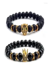 Strand Siyah Doğal Volkanik Taş Bilezikler Leopar Kafası Taç Elastik Halat Buzlu Boncuklu Bangles Çiftler İçin Moda Takı H6262674