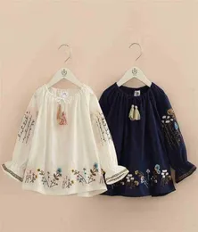 Spring Autumn 210 Years Cotton Navy Blue White Long Flare Trumpet Sleeve Embroidery Baby Kids Girls Tassels Blouses Shirt 2103318509630
