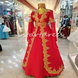 Fantasy Red Moroccan Wedding Dress 2024 Appliques Beaded Muslimah Medieval Aesthetic Wedding Gowns Long Sleeve Turkish Indian Bride Dress Wiccan Robe De Mariee