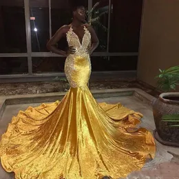 Elegante amarelo veludo vestidos de baile para menina negra longo sereia halter rendas apliques vestidos de noite sem costas trem varredura vestido de festa255o