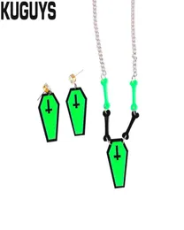 Halloween Horror Jewelry Set Acrylic Neon Green Coffin Bone Drop Earrings Pendant Necklace Trendy Accessories6508536