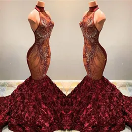 2020 Impressionante Sereia Africano Vestidos de Baile Borgonha Longo Pescoço Alto Beading Cristal Ruffles Flores Mulheres Sexy Pageant Vestidos de Festa 318I