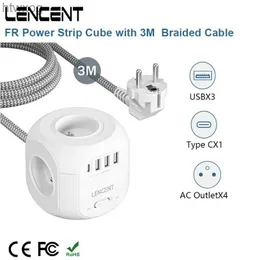 Enchufe de cable de alimentación LENCENT FR Power Strip Cube con 4 salidas de CA 3 puertos USB 1 tipo C 3M Cable trenzado Adaptador de corriente con interruptor para el hogar YQ240117