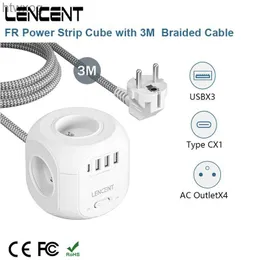 قابس كابل الطاقة Lencent FR مكعب الشريط مع 4 AC Outlet 3 OSB Port 1 Type C 3M مضفر Cabe Multi Multi Adapter مع التبديل لـ Home YQ240117