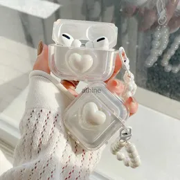 Custodie per cellulari Coreano Laser 3D Love Heart Custodia trasparente Bracciale con perline per Airpods 1 2 3 Pro Air pod 3 Dolce auricolare Scatola protettiva Fundas YQ240117