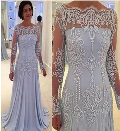 Elegant Scoop Aline Chiffon Mothers Dresses Pearls Beads Lace Appliques Illusion Long Sleeves Mother of the Bride Dresses Evening3962151