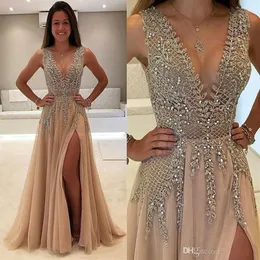 Abiti da ballo di strass di lusso 2018 Nuovo sexy scollo a V profondo spacco laterale abito da sera da sera abito champagne organza una linea abiti da f2664