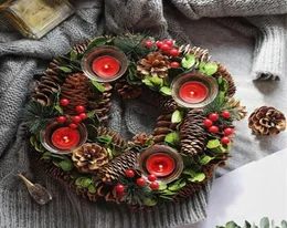 Christmas Candle Holders Pine Cone Berries Woodland Rustic Xmas Decor Table Centerpiece Christmas Wreath with Four CandleHolder4143211