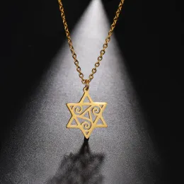 Trippel spiral triskelion hexagram halsband för kvinnor män 14k gul guld hänge stjärna av David Judiska smycken krage