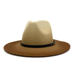 2021 Duże gradient rdzeniowe Fedora Hats for Women Men Mężczyzn Wpyszalped Wool Fel Felt Jazz Hat Party Cap with skórzany zespół 6258445