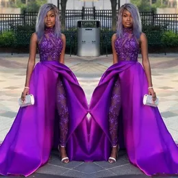 2020 Classic Purple Jumpsuits Prom -klänningar med löstagbart tåg Hög halsspets Appliced ​​Bead Evening Gowns African Party Women P294V