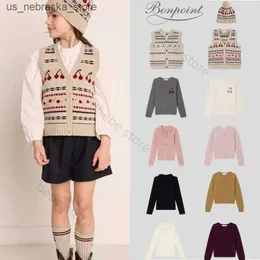 Cardigan spot BP2023 outono / inverno colete de lã pura para meninas suéter cereja de malha regata infantil estilo academia conjunto alto Bonpoint Q240117