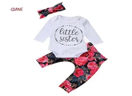018 شهرين أخت صغيرة مطبوعة طويلة الأكمام bodysuitsflower pantsheadband 3pcs مجموعة ملابس جديدة لطفل رضيع فتيات 14993585