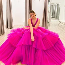 현대 자홍색 계층 스커트 무도회 댄스 파티 드레스 V 목 뒤지질 얇은 명주