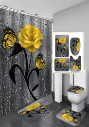 Badematte mit Blumenmuster und 180 x 180 cm Duschvorhang-Set, Duschvorhang mit Haken, Badvorleger, rutschfester Badezimmerteppich, WC-Fußpolster, Bat9624681