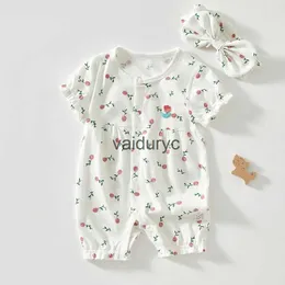 Pullover 3-24 Monate Sommer Neugeborenes Baby ROMPERS Kopfbedecke 2pcs Set Cotton Print Clothing Infant Jumpsuit Mode Kleidung für Mädchen H240508