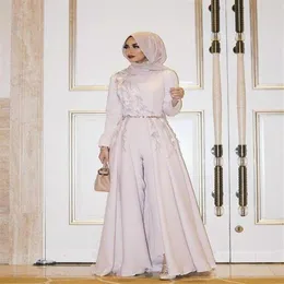 2022 elegante macacão muçulmano vestidos de noite com saia destacável frisado manga longa vestidos de festa formal para casamentos árabe dubai263b