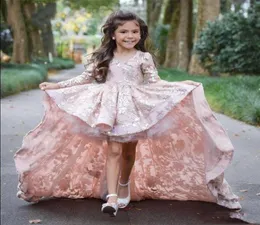 Sweep Train Children Prom Party Dresses Pink High Low Long Sleeve Flower Girl Dresses for Wedding Lace Hourflique Ruffles Page4915804