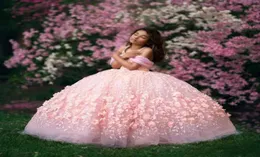 ثوب الكرة بالخرز الوردي 3D زهرة الفتاة لباس لحفل زفاف تول أولاً قبالة الكتف الفتيات مسابقة الثياب