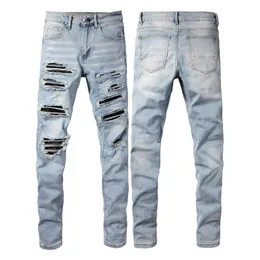 Mäns jeans American High Street Slim Fit Elastic Mångsidig live streaming influencer ljusblå lapptäcke jeans