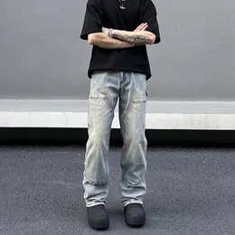 Salopette da uomo streetwear americana con doppio ginocchio Jeans primaverili e autunnali Pantaloni a gamba dritta azzurri Jeans lavati cleanfit 240117
