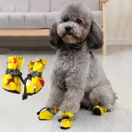 Dog Apparel 4pcs/set Soft Bottom Outdoor Non-Slip Rain Boots Adjustable Warm Waterproof Pet Shoes Foot Cover Cartoon Pattern