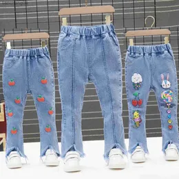 Calças de brim crianças meninas denim calças primavera outono calças elásticas cintura borla hem sino-bottom estilo calças compridas 90-130