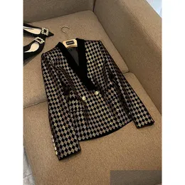 Women'S Suits & Blazers 2023 Autumn Black Contrast Color Rhomboid Drilling Panelled Blazers Long Sleeve Lapel Neck Double-Breasted Ou Dhuyd