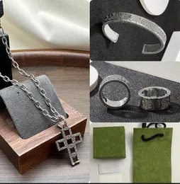 Punk Hollow Pattern Carved Cross Necklace Hiphop Rock Retro Silver Trendy Sweater Chain Narrow Wide Eternal love Cuff Bangle Couple Ring Classics Designer Jewelry