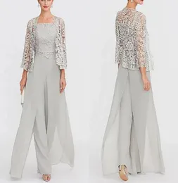 Två stycken Jumpsuits Mother of the Bride Dresses With Lace Jacka Silver Grey Chiffon Long Evening Party Gowns Pantsuits Plus Size1208087