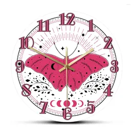Zegary ścienne różowy motyl z elementami słońca i księżyca w stylu boho cichy zegar przedszkola