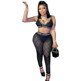 Stylish Lady Letter Printed Fitness 2 Piece Set Women Sleeveless Crop Top och Skinny Pant Suits 2024 Summer Sexy Club Outfits