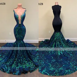 Verde brilhante lantejoulas longo sereia vestidos de baile 2022 sem mangas africano preto meninas sereia formal noite gala vestidos custom3043